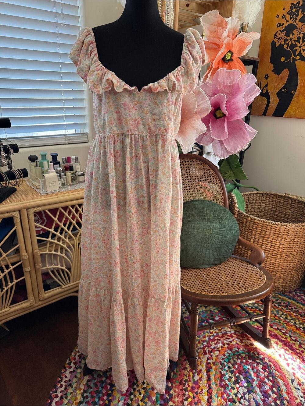 H&M Pink Coquette Floral Open Back Ruffle Garden Cottage Boho Hippie Maxi Dress